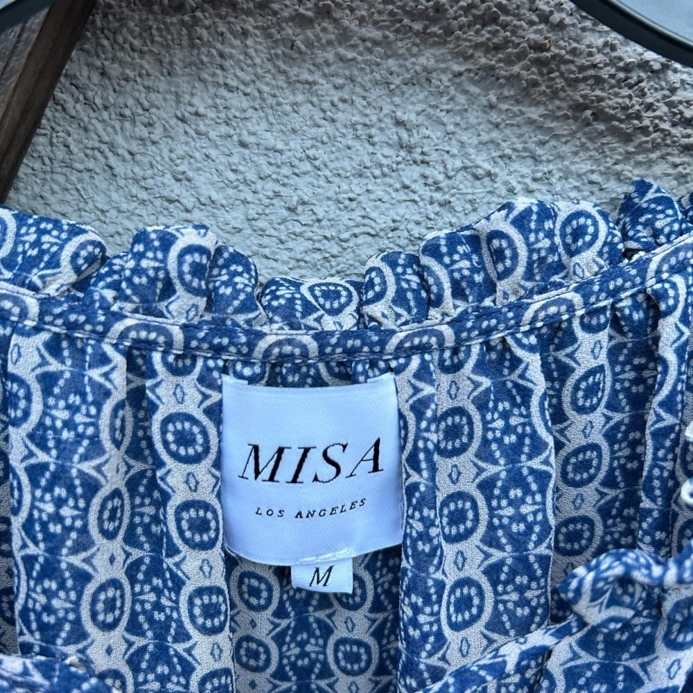 MISA Los Angeles Melissa Dress Blue Geometric Printed Chiffon Ruffled - Picture 6 of 7